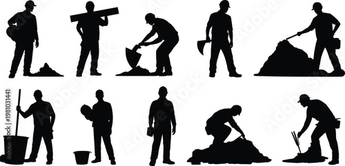 Black silhouettes of construction workers, laborers, and masons at work, digging and building vector icons