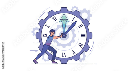 A determined young professional pushes a massive mechanical clock gear with a glowing launch indicator in a clean minimalist workspace with blue tones.