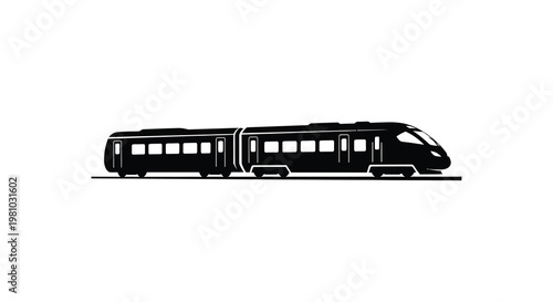 A sleek modern passenger train travels along the tracks a striking silhouette