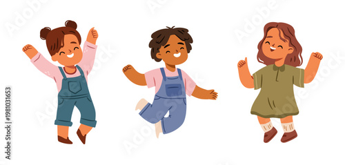 Happy girls jumping. Vector energetic and cheerful young female characters in mid air with joyful expressions, arms raised and dynamic poses. Fun and childhood, celebration and school activities