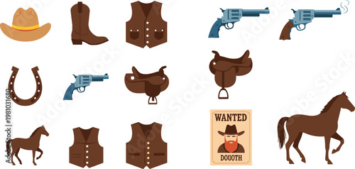 Wild West Cowboy Icon Set with Boots, Guns, Horses, Saddles, and Wanted Posters for Digital Illustrations and Retro Designs