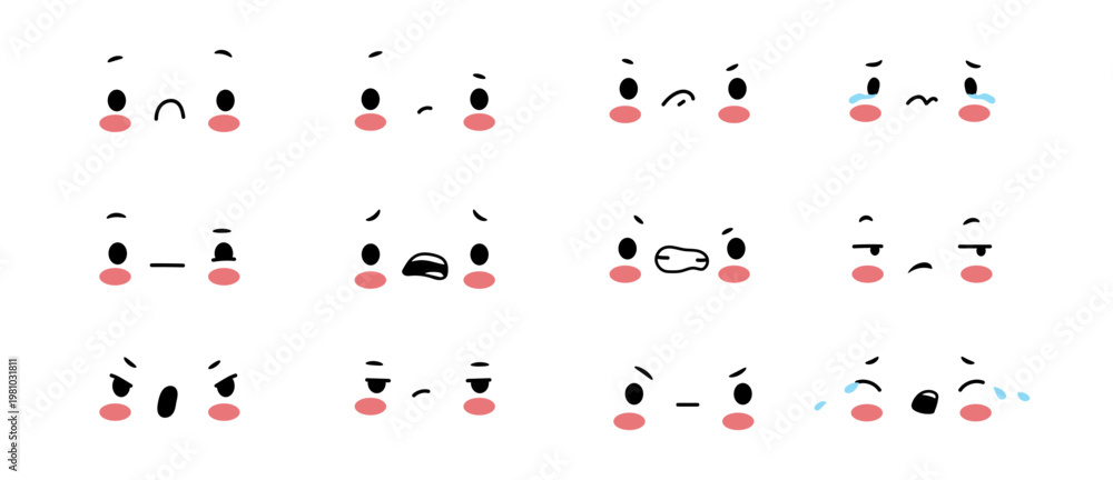 Fototapeta premium Tiny kawaii faces expressing negative emotions. Vector sadness and discomfort, frustration and confusion, anger and crying. Cute characters with blush on cheeks. Chat stickers or mood trackers