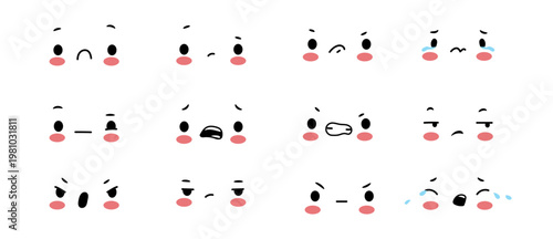 Tiny kawaii faces expressing negative emotions. Vector sadness and discomfort, frustration and confusion, anger and crying. Cute characters with blush on cheeks. Chat stickers or mood trackers