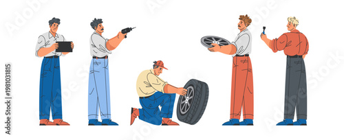 Auto mechanics in uniform at work. Vector men holding tire, drill and wrench document during car repair service. Garage work and mechanical engineering. Workers fixing and checking car parts