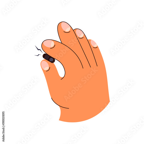 Hand holding tiny remote controller. Vector in flat style, isolated giant arm with small device with buttons for switching channels on tv. Television technologies gadgets, procrastination concept