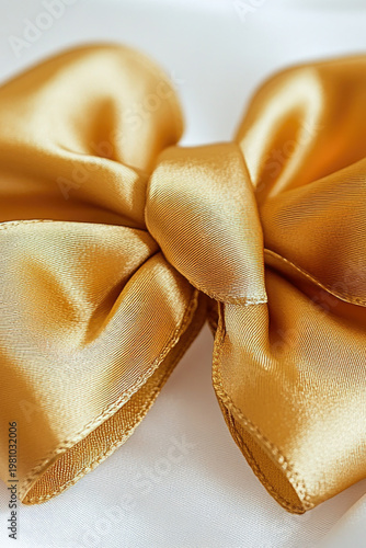 A golden bow tied onto a pure white cloth, perfect for decorations and gifts. vertical frame