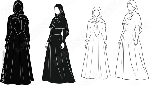 Muslim women abaya hijab fashion, black modest clothing, islamic style silhouettes, vector illustration, traditional dress, elegant female outfit, arabic culture