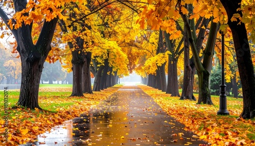 A scenic avenue lined with trees showcasing vibrant autumn foliage and a wet pathway reflecting the colorful leaves