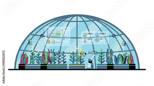 A glass dome greenhouse features a robotic arm tending to diverse plants while holographic data displays float above the soil in a clean modern environment.