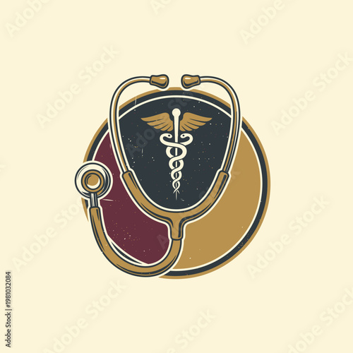Stethoscope with Caduceus Medical Symbol Emblem on Pale Yellow Background