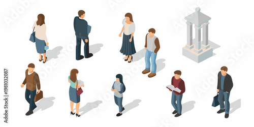 Isometric illustration depicting diverse people near a classical building