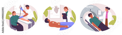 Patient care and hospital treatments. Vector MRT machine scan, blood test and heart examination with sensors applied on skin. Cardiovascular health, diagnostic imaging and medical technology