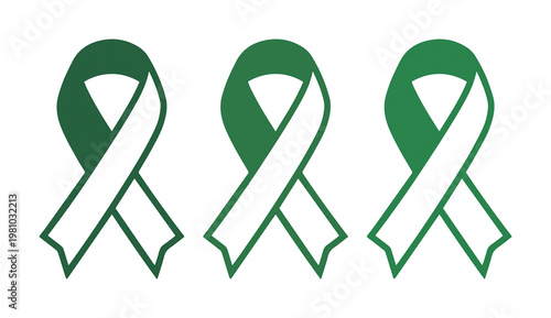 Green awareness ribbon vector set, mental health and liver cancer support symbols, three emerald green ribbons for medical charity campaigns
