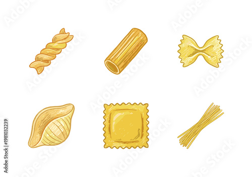 Italian Pasta Varieties and Mediterranean Cuisine Ingredients with Colorful Crayony Pencil Texture and Fluid Colorful Aesthetic