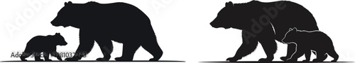 Minimalist black bear and cub silhouettes walking, wildlife family concept, grizzly mother with baby animal icon isolated on white background.