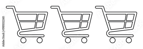 Minimalist shopping cart icons, set of three black outline grocery trolley vectors, retail e-commerce symbols for web design and digital storefronts