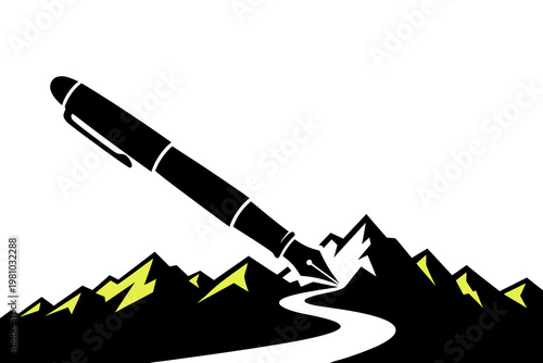 A pen nib drawing a river through mountains