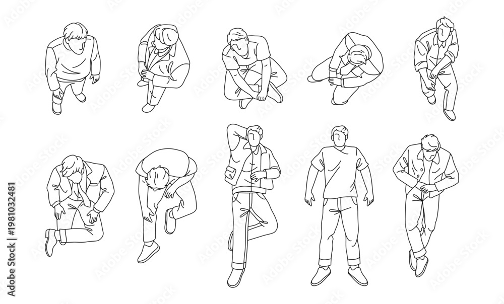 Fototapeta premium Faceless contour figures of male character. Vector people sketches in natural poses. Men sitting cross legged, lying on backs or leaning. Line art style of people resting, thinking or waiting indoors