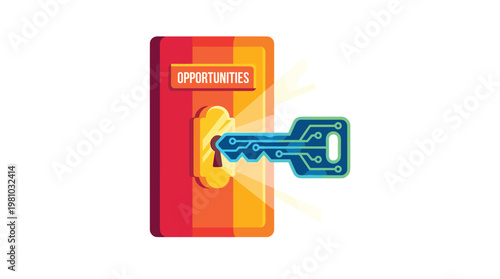 A vibrant red door features a glowing yellow keyhole being unlocked by a high-tech blue digital key with intricate circuit board patterns and light rays.