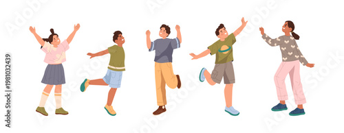Celebrating happy children dancing and jumping around. Vector isolated glad kids, boys and girls with cheerful expressions on faces. Daughters and sons, family members. Brothers and sisters having fun