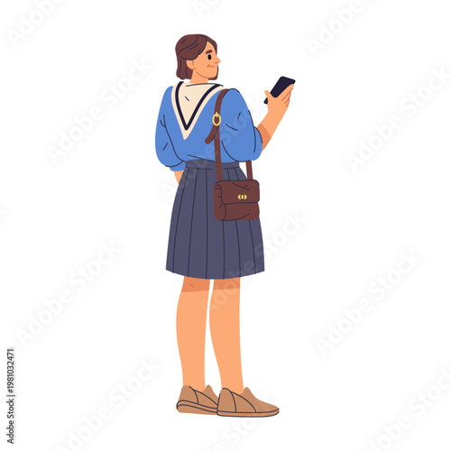 Back view of woman waiting in line rear view. Vector in flat style, isolated character patiently standing with bag and holding phone in hand. Citizen wearing casual clothes, client or shopper