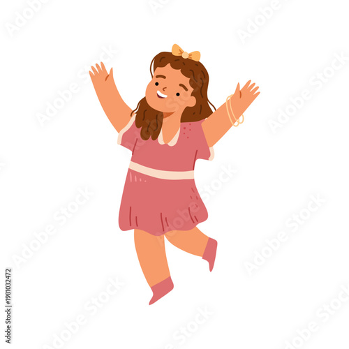 Smiling girl character raising hands up. Vector in flat style, isolated cute positive girl personage running or jumping from excitement and happiness. Kindergarten pupil or adorable preschooler