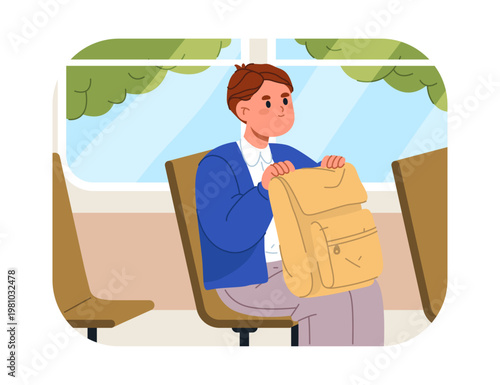 Going to school by bus, commuting to kindergarten by train or subway. Vector in flat style, sitting schoolboy holding bag with books, way to educational institution, daily routine and habits