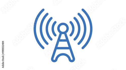 A bold blue communication tower broadcasts rhythmic signal waves across a crisp white backdrop with a sharp minimalist aesthetic and clean line work.