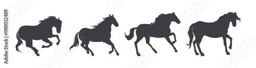 Horse silhouette set. Vector isolated galloping stallions. Wild or domestic mammals, mustangs running. Equestrian symbols in monochrome style. Sport and race breeds shadows collection