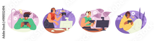 Cool people playing games online. Vector isolated players, men and women with joysticks and equipment for gaming. Teenagers at home with computers, headsets and joysticks, vr glasses and camera