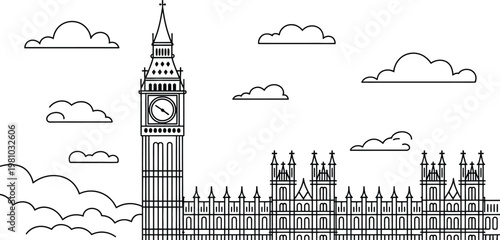 London skyline, Big Ben, vector illustration, iconic landmarks, black and white