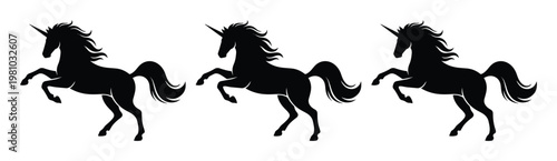 Black unicorn silhouette set, mythical horse rearing vector icons, 3 fantasy creature elements for logo design and magical branding