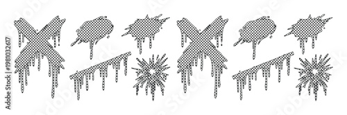 Grunge spray paint drips and splatters vector set, grey graffiti paint stains and cross marks, urban street art design elements for posters