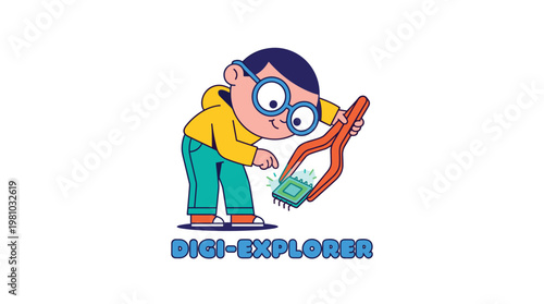 Cartoon boy with large, round glasses uses orange tweezers to carefully examine a glowing, green computer chip in this whimsical, tech-focused illustration.