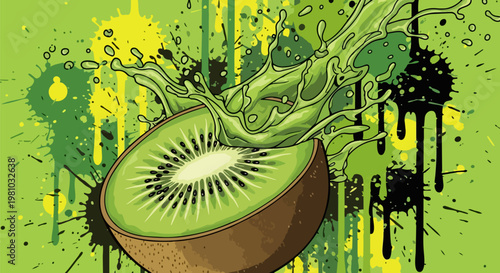 Vibrant kiwi fruit, green splash, abstract illustration, fresh produce