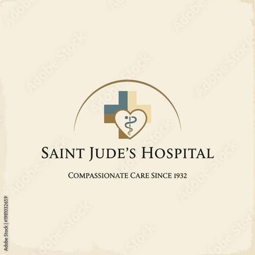 Vintage Style Vitality Health Wellness Co Logo with Heart, Caduceus, and Medical Cross on a Light Beige Background