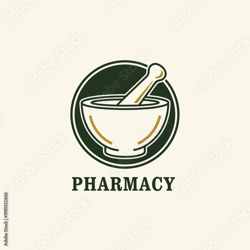 Traditional Mortar and Pestle Pharmacy Emblem on Pale Yellow Background