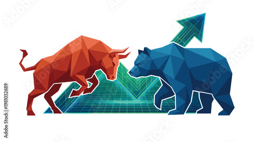 Low-poly red bull and blue bear face each other over a glowing, neon green grid with an ascending arrow in this sophisticated, high-tech financial graphic.