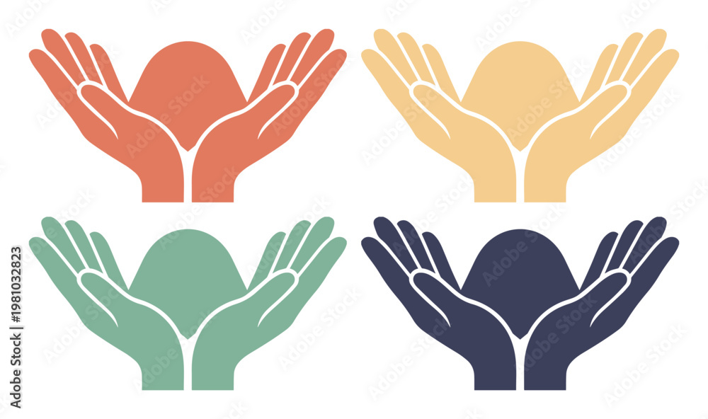 Fototapeta premium Minimalist cupped hands vector set, colorful open palms holding invisible object, charity and care concept icons in flat design style
