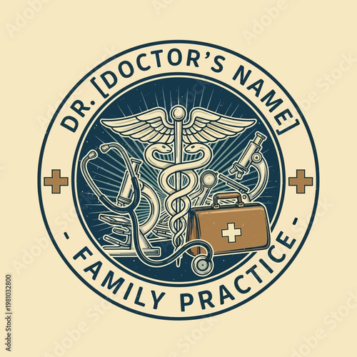 Vintage Style Vitality Health Wellness Co Logo with Heart, Caduceus, and Medical Cross on a Light Beige Background