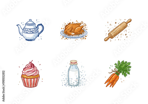 Kitchen Utensils and Gourmet Food Elements with Colorful Crayony Pencil Texture and Organic Calligraphic Ink Strokes for Restaurant Menu Design.