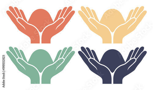 Minimalist cupped hands vector set, colorful open palms holding invisible object, charity and care concept icons in flat design style