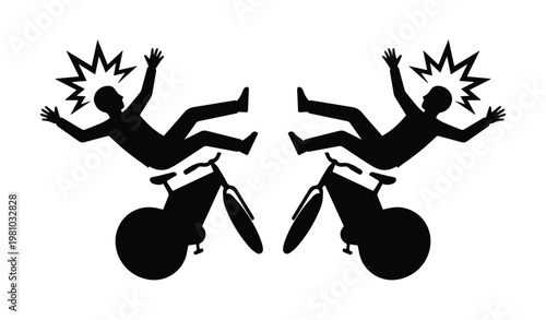 Bicycle accident silhouette icons, cyclist falling off bike crash illustration, road safety and injury warning vector set