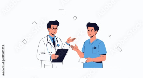 Doctor and nurse discussing patient chart, medical consultation, healthcare team