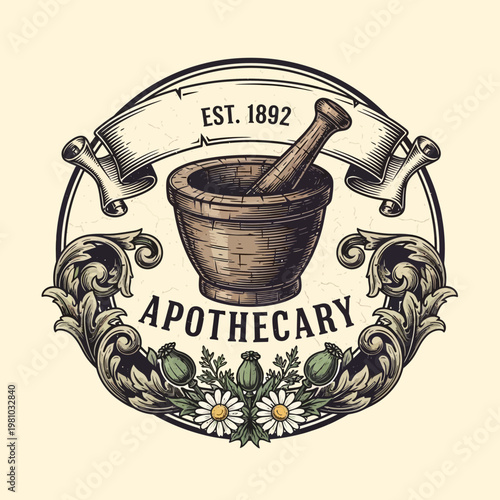 Vintage Apothecary Logo with Mortar and Pestle, Herbal Flowers, and Established 1892 Banner on a Light Beige Background