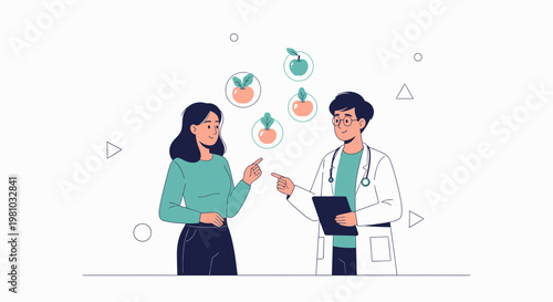 Doctor advises patient on healthy eating with fruits illustration