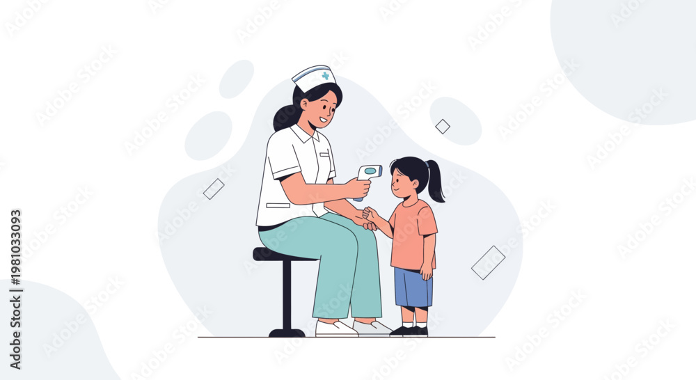 Obraz premium Nurse taking child's temperature with digital thermometer, healthcare concept illustration