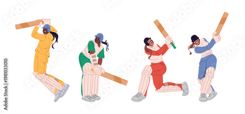 Women cricket batsmen standing in ready stance. Vector isolated set of female cartoon characters holding bat in front. Athlete in protective gear prepared for next move. Discipline and game strategy