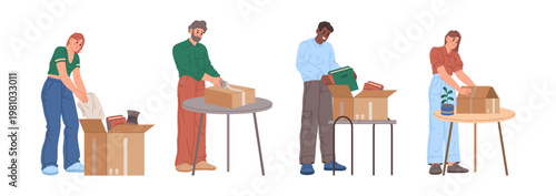 Men and women packing personal belongings and items into cardboard boxes. Vector characters preparing parcels for shipping from store or office. People organizing and wrapping things for delivery