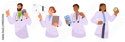 Doctors present pills and showing effects of medicine. Vector drugstore pharmacist giving prescription and explaining results. Treatment of illness and healthcare, specialist with medication